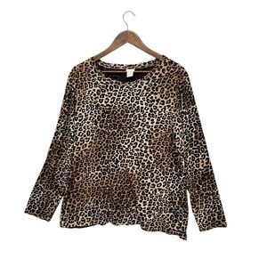 Chico's Womens Blouse Size XL Scoop Neck Top Leopard Black Brown Long Sleeve Top